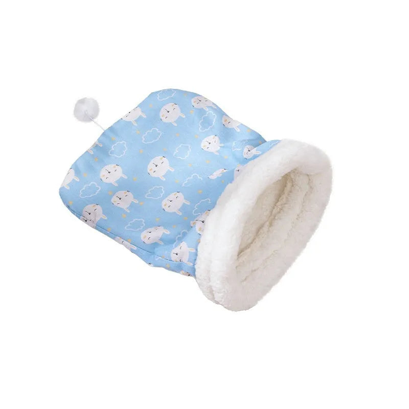 Flannel cat sleeping bag nest with PP cotton filling in blue rabbit design