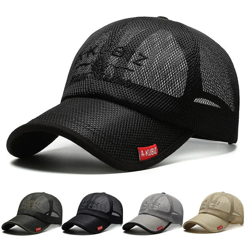 Summer men's mesh breathable baseball cap in khaki with cotton dome crown and adjustable back