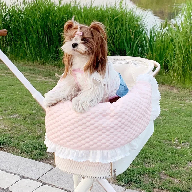 Removable pure cotton pet stroller set showing anti-dirty towel, cushion, and pillow in a floral pattern.