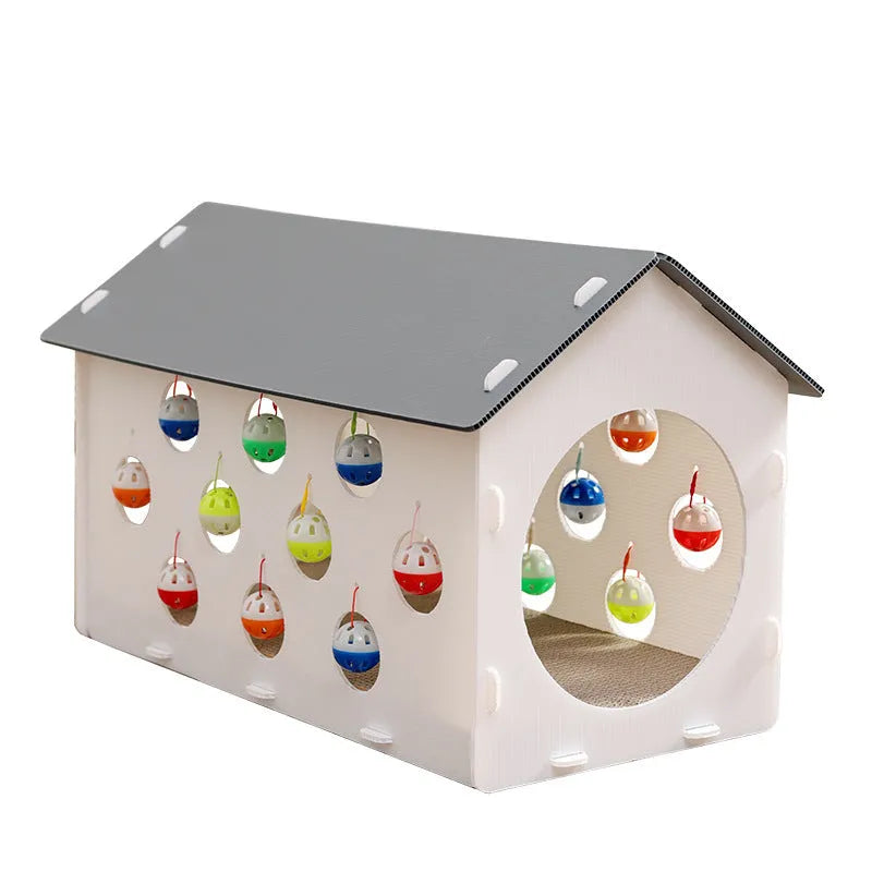 Integrated plastic cat scratch board with sleeping nest, tunnel, and included bell ball toy