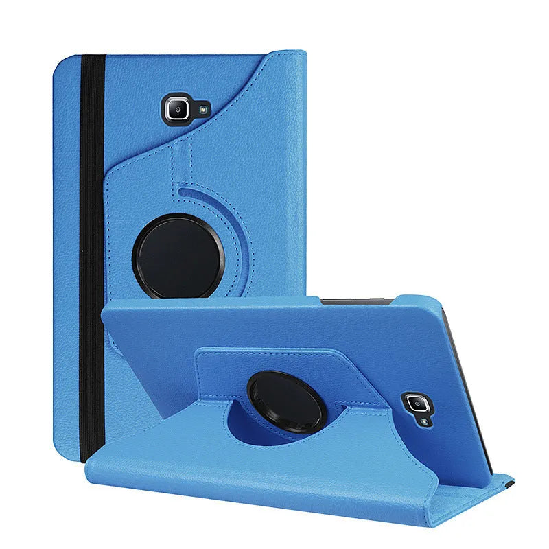 Rotating leather tablet case in clamshell business design showing adjustable viewing mechanism