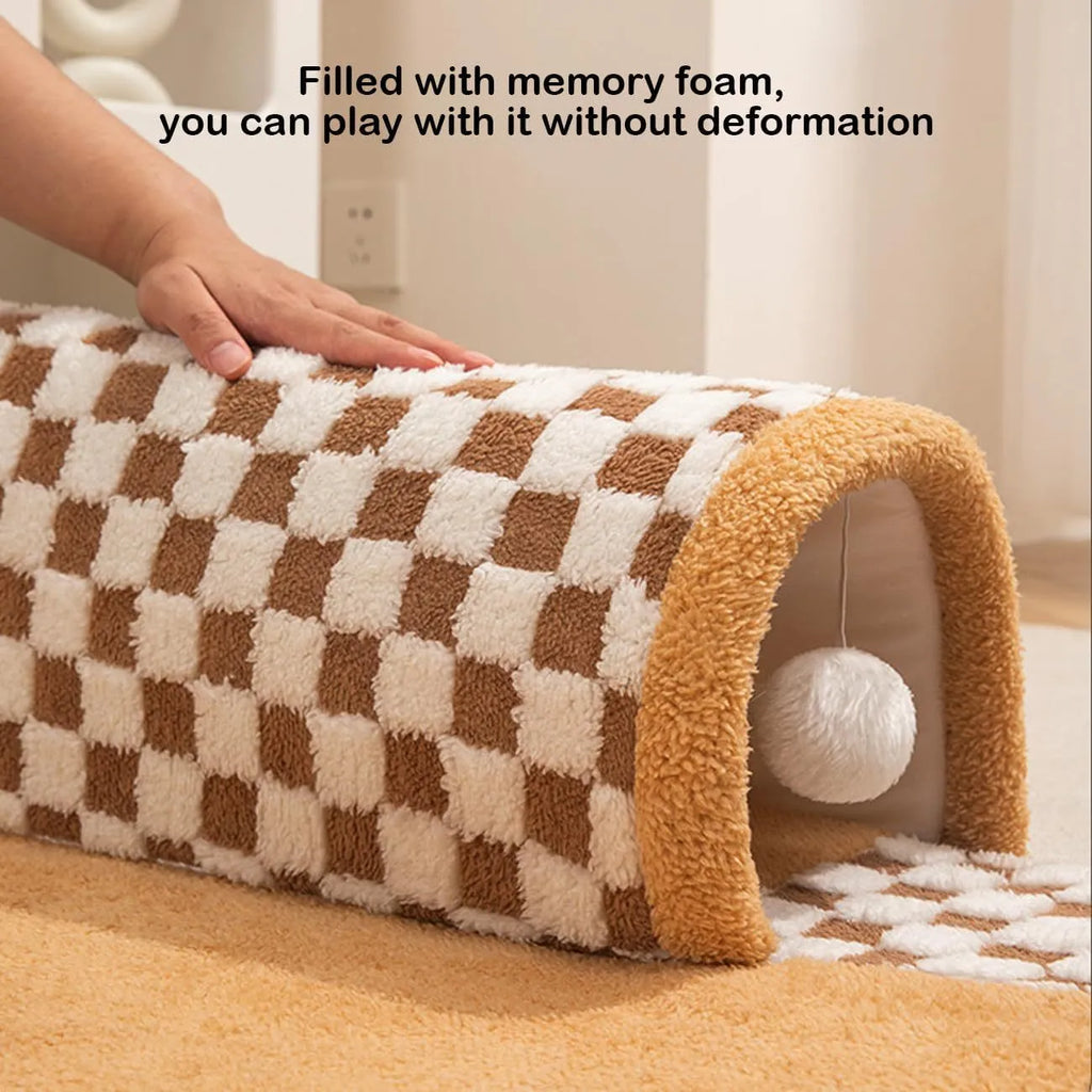 Coffee and yellow plaid fan-shaped pet bed tunnel with a thick plush mat and anti-slip base.