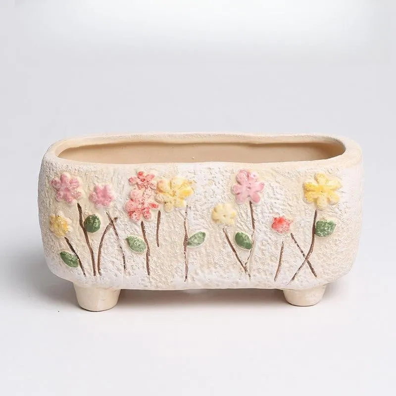 Rectangular hand-painted ceramic flower pot for succulent bonsai, 13.7x6.2x6.5cm