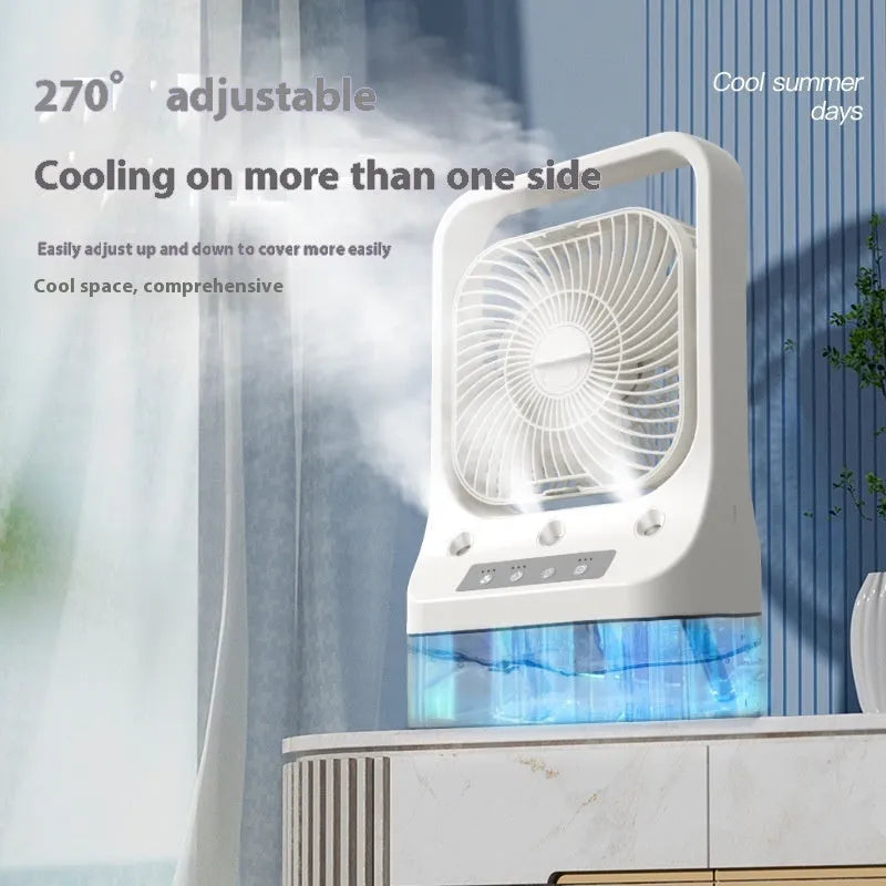 White USB rechargeable cooling fan with three-spray nozzle humidifier and adjustable head