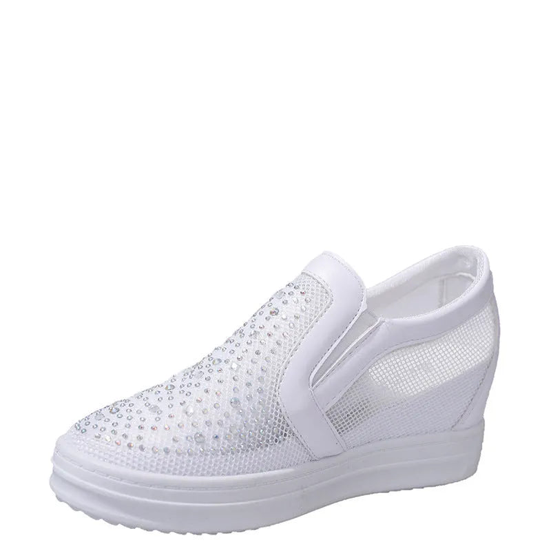 Women's breathable wedge slip-on shoes in black with mesh upper and rubber sole