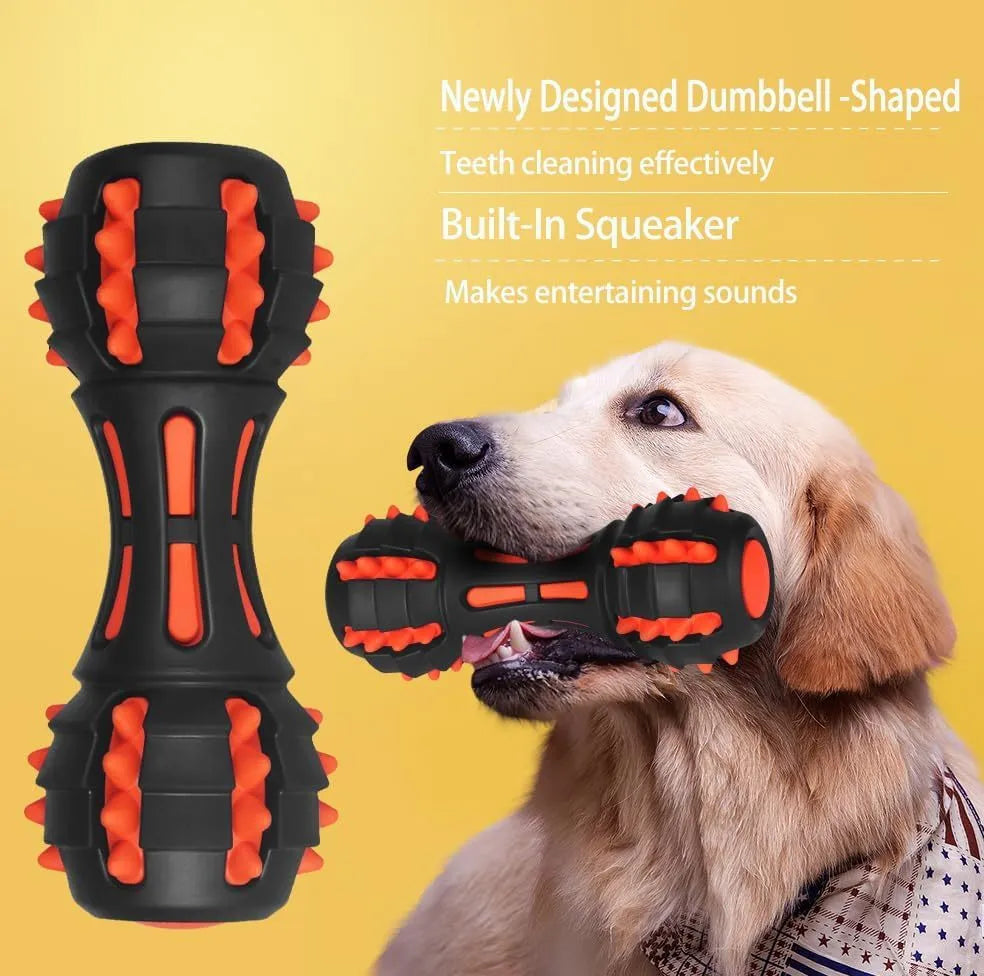Red natural rubber dumbbell-shaped dog chew toy for medium and large breeds