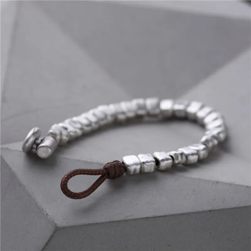 Women's handmade irregular silver square bracelet with wooden charm on elastic band