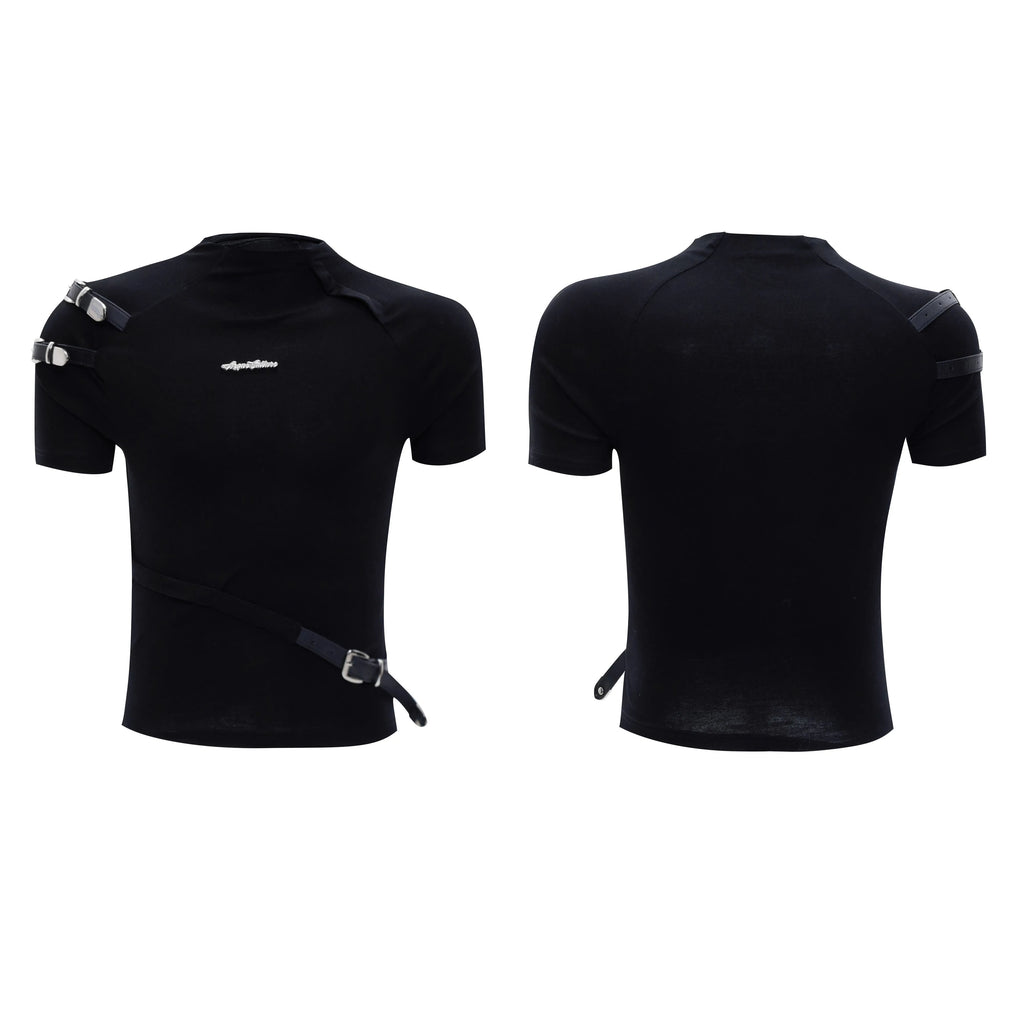 Men's slim fit cotton T-shirt with stand-up collar and metal belt detail in black