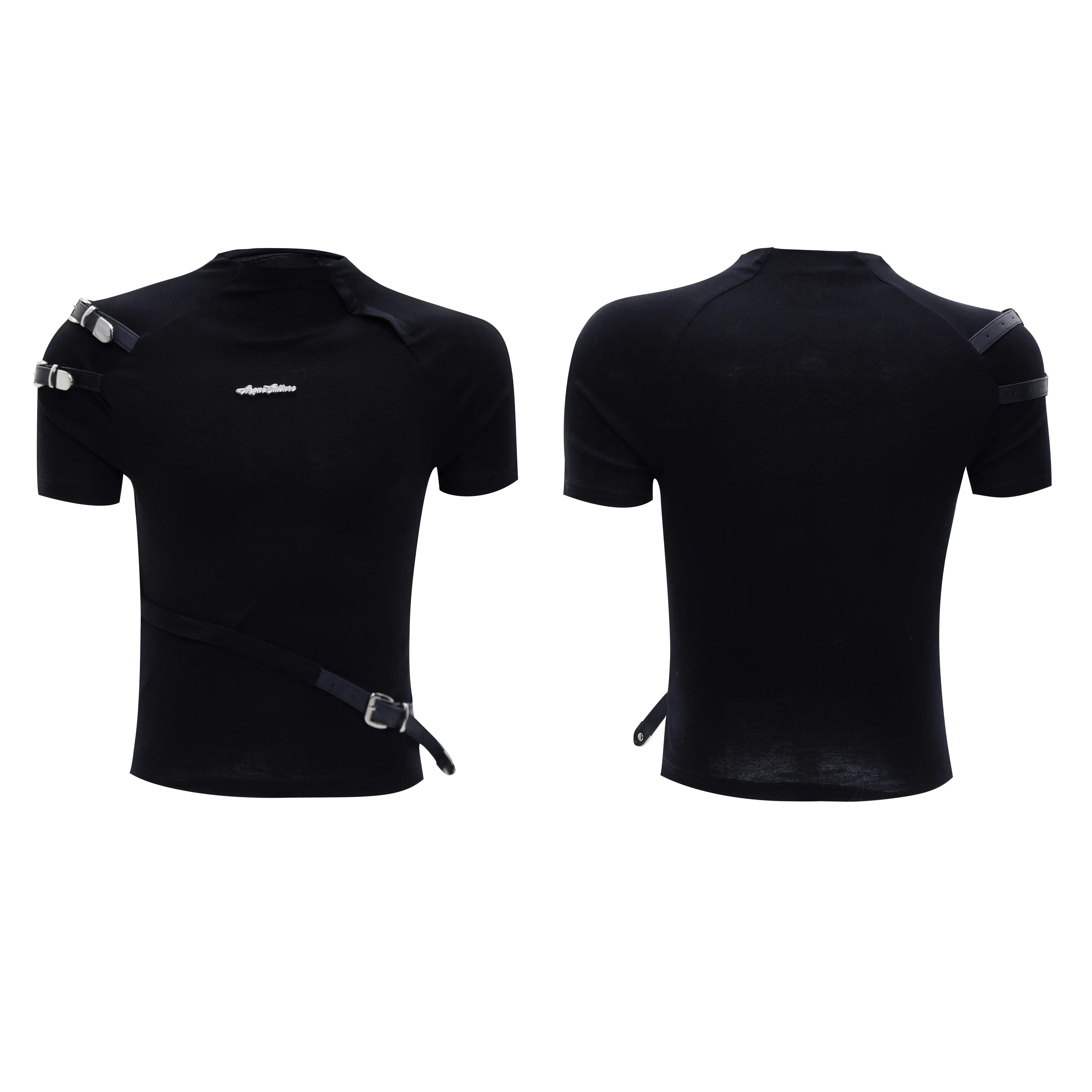 Men's slim fit cotton T-shirt with stand-up collar and metal belt detail in black