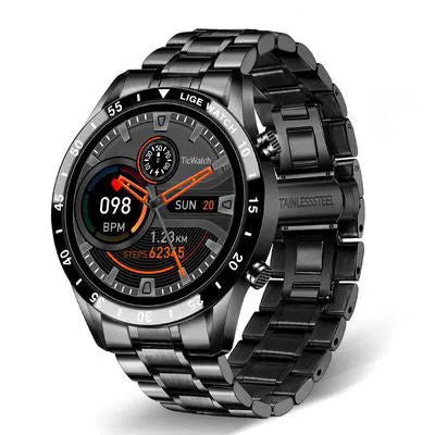Smart watch with stainless steel wristband and 1.3-inch touch screen displaying step count