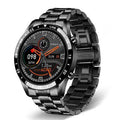 Smart watch with stainless steel wristband and 1.3-inch touch screen displaying step count