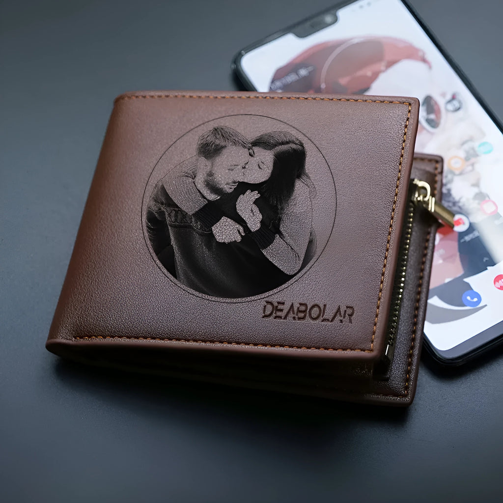 Men's brown leather wallet with a zipper closure, shown front view.