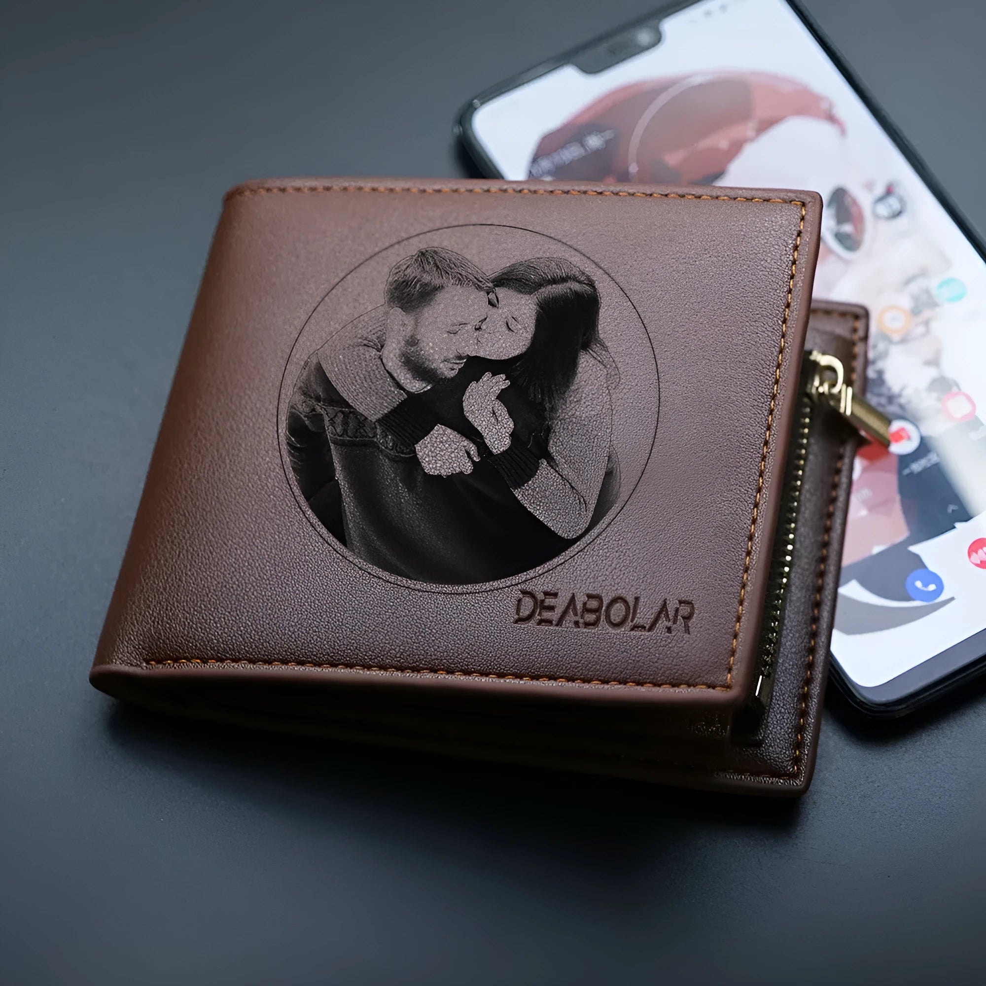 Men's brown leather wallet with a zipper closure, shown front view.