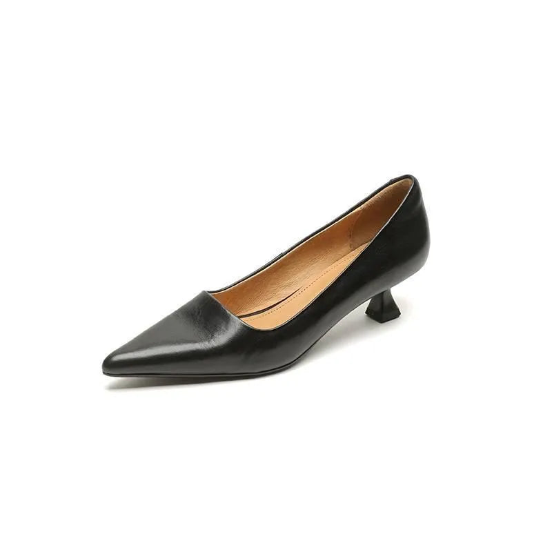 Pointed toe shallow mouth work shoes in brown with waxed pigskin leather upper and mid heel