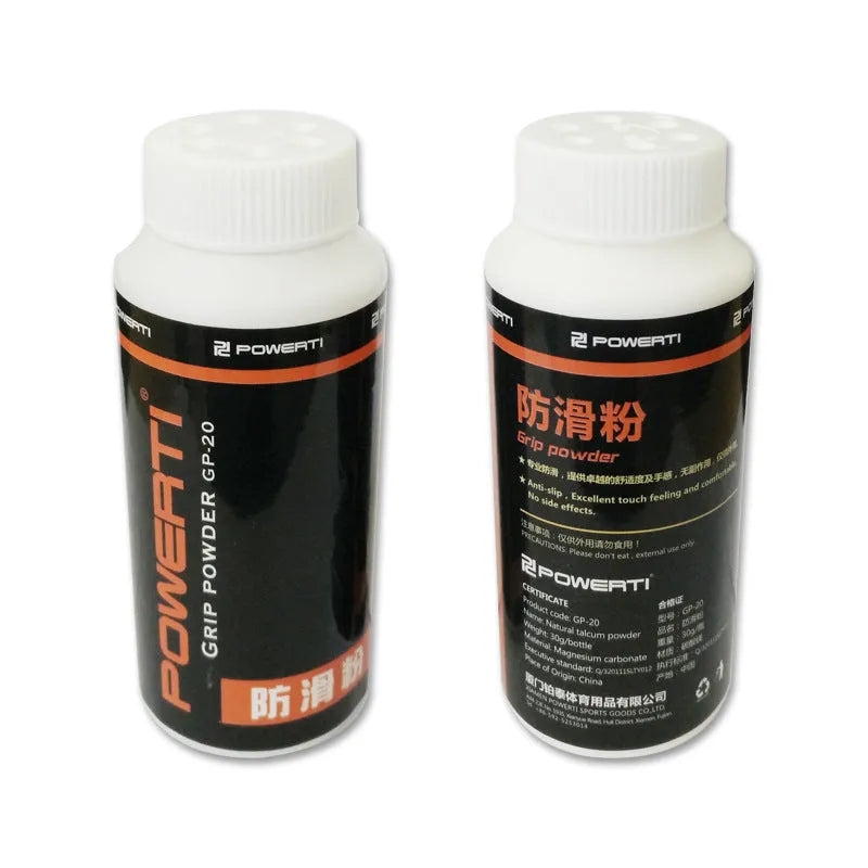 White sports anti-slip magnesium carbonate powder in container for badminton tennis fitness grip.