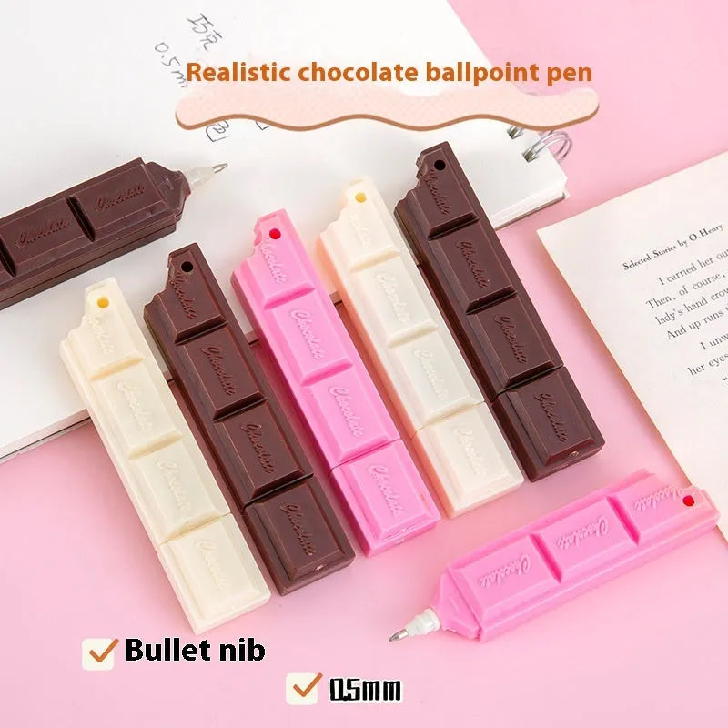 Cartoon chocolate bar ballpoint pen in pink, beige, or brown with 0.5mm bullet tip.