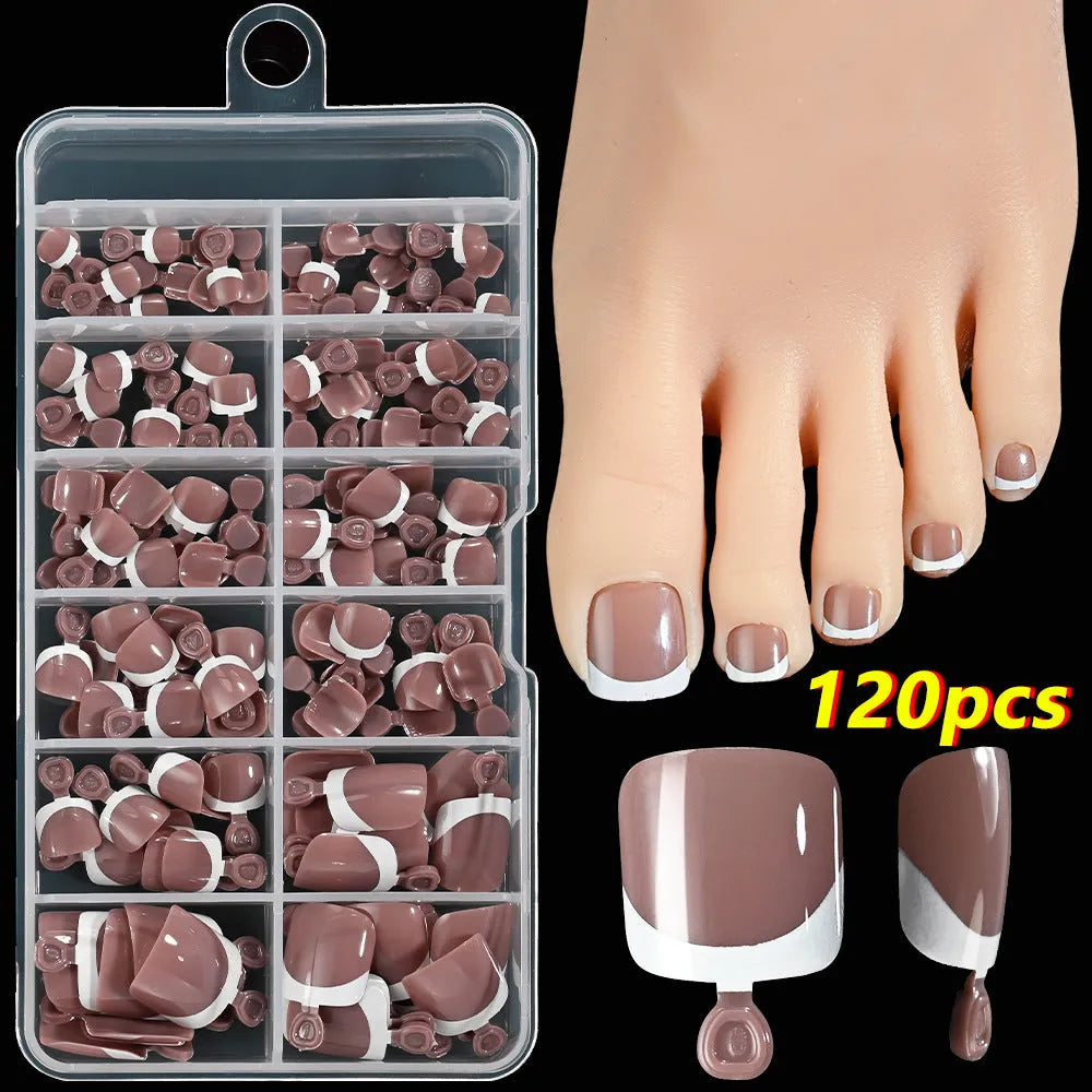 120 piece French white edge false toe nails in nude colours, full square short shape.