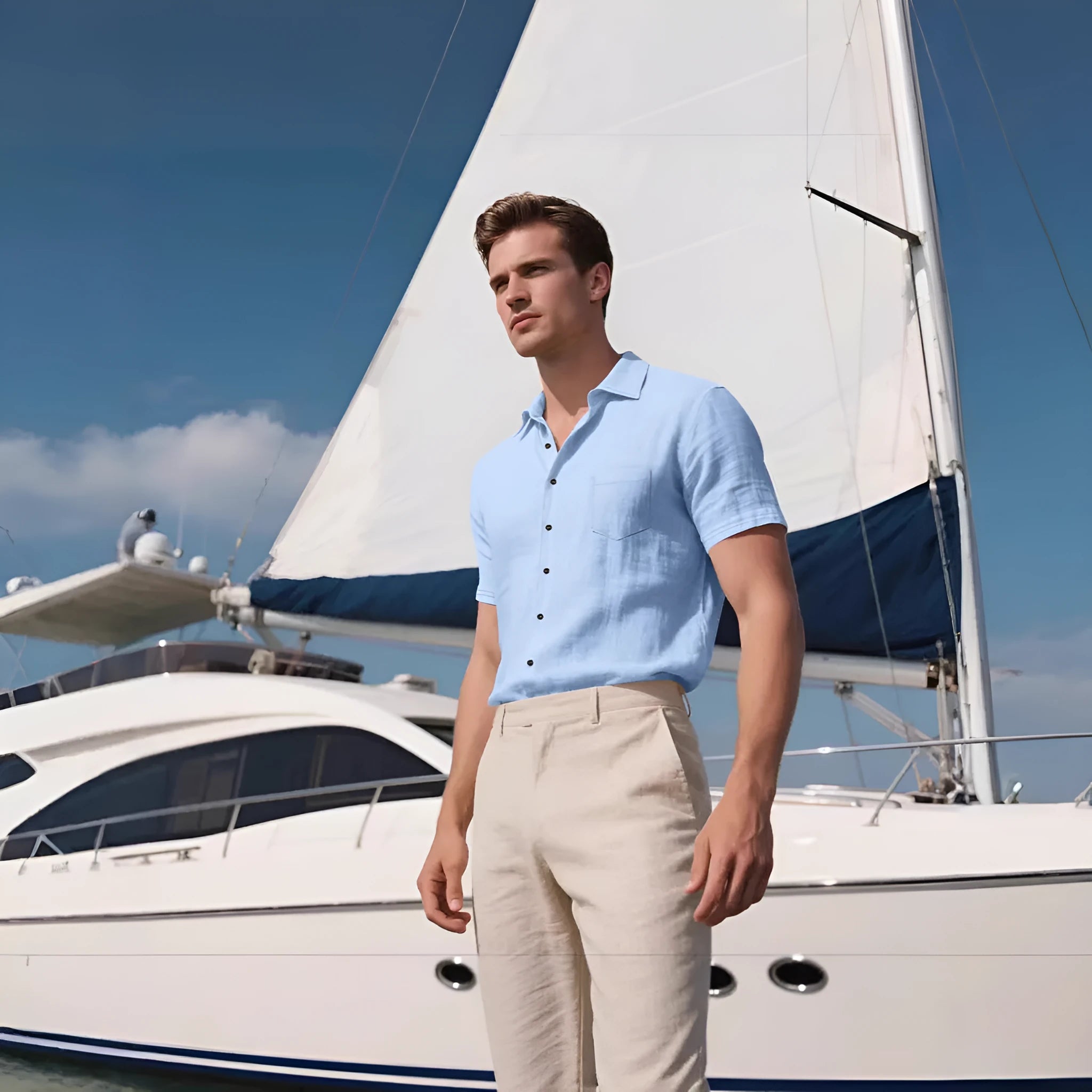 Men's loose-fit cotton-blend short-sleeved shirt cardigan in solid colour casual style