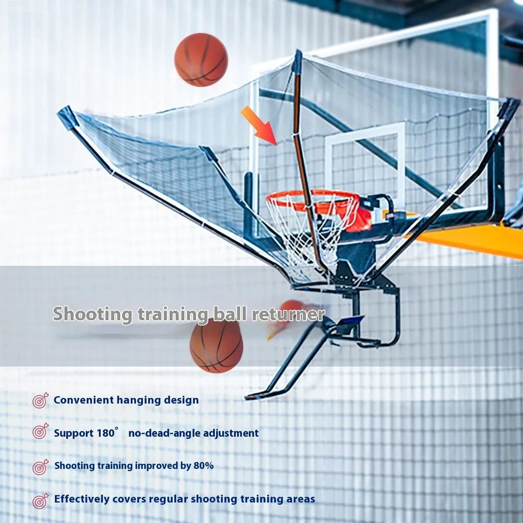 Automatic basketball pitching trainer with hanging ball return net for solo practice