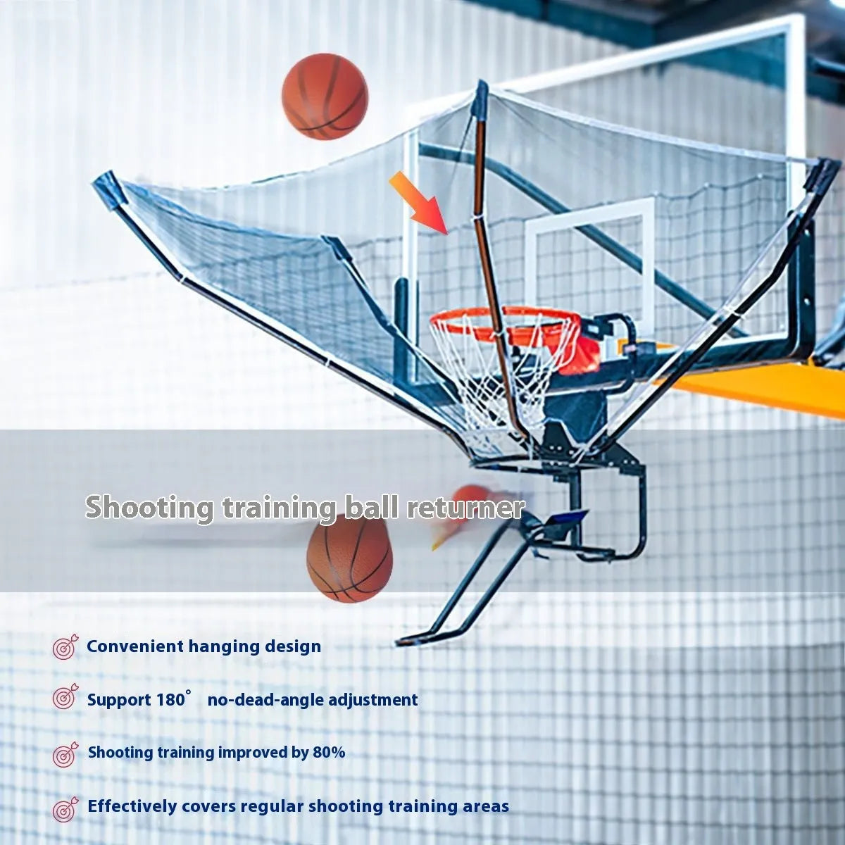 Automatic basketball pitching trainer with hanging ball return net for solo practice