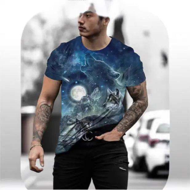 Man wearing a short-sleeved grey t-shirt with a detailed retro 3D digital print of a wild animal on the front.