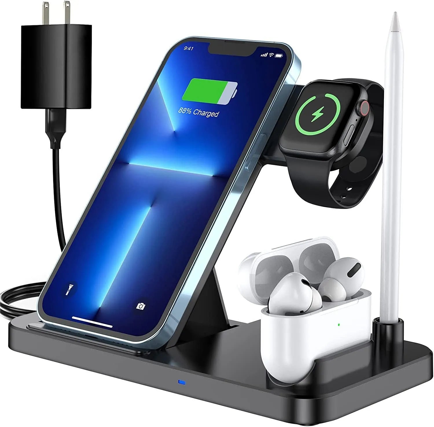 Black four-in-one wireless charger N18 for mobile phones with QC3.0 charging head on a desk
