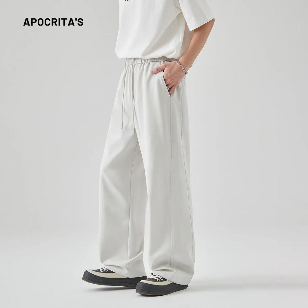 Men's cotton blend high-waist loose straight leg lace-up casual pants, solid colour black side view