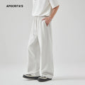 Men's cotton blend high-waist loose straight leg lace-up casual pants, solid colour black side view