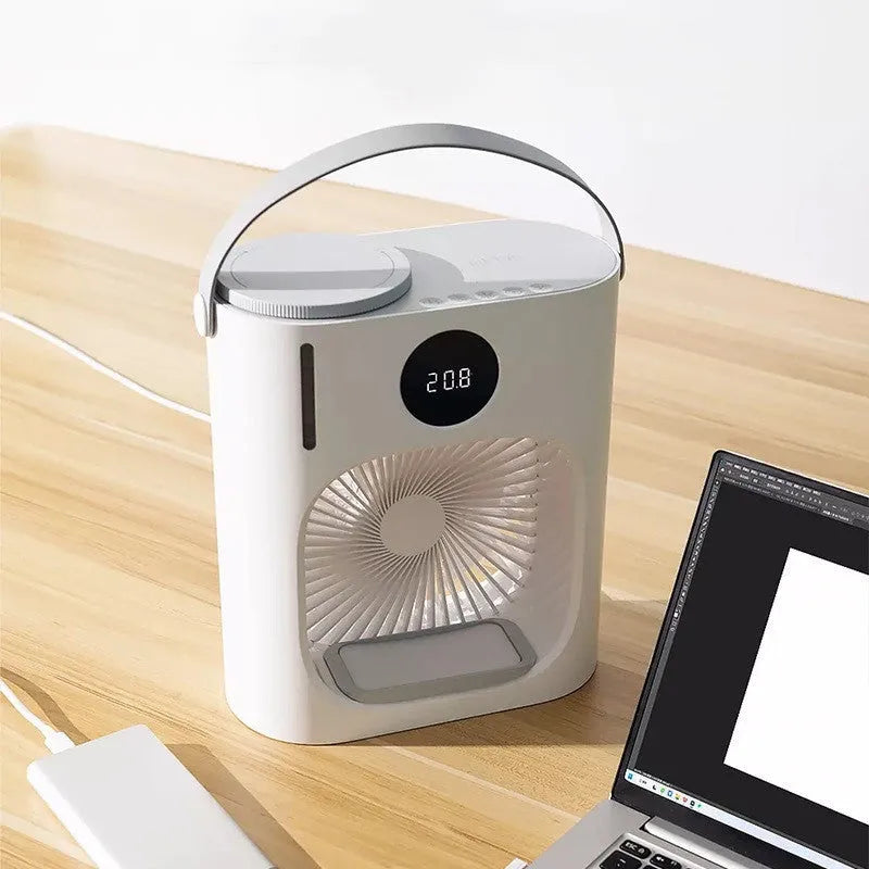 White USB refrigeration air conditioner front view showing screen display and button controls
