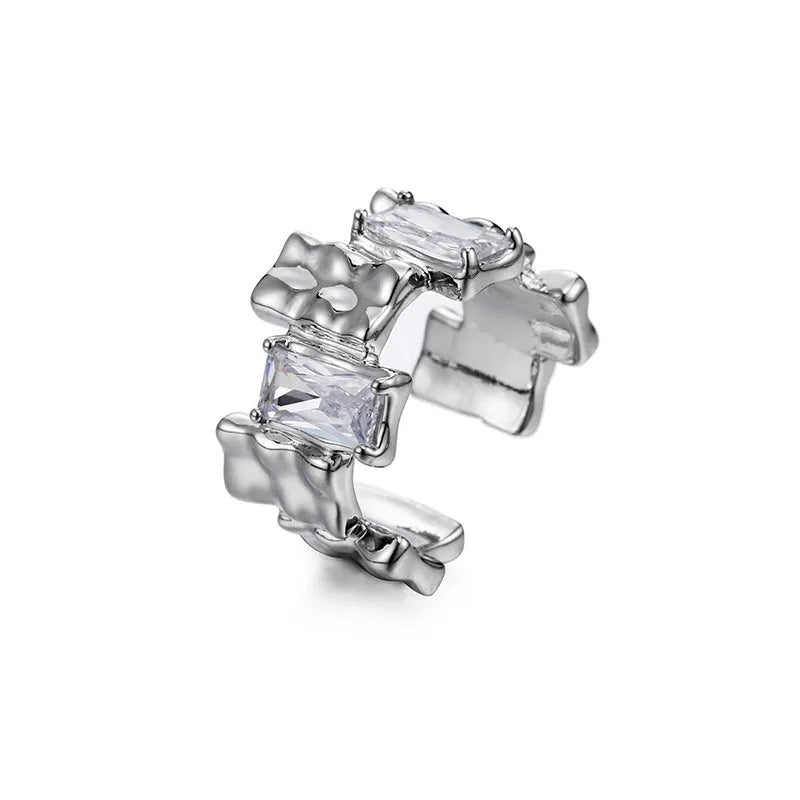 Silver cross zircon open gemstone ring with geometric design and retro pastoral style