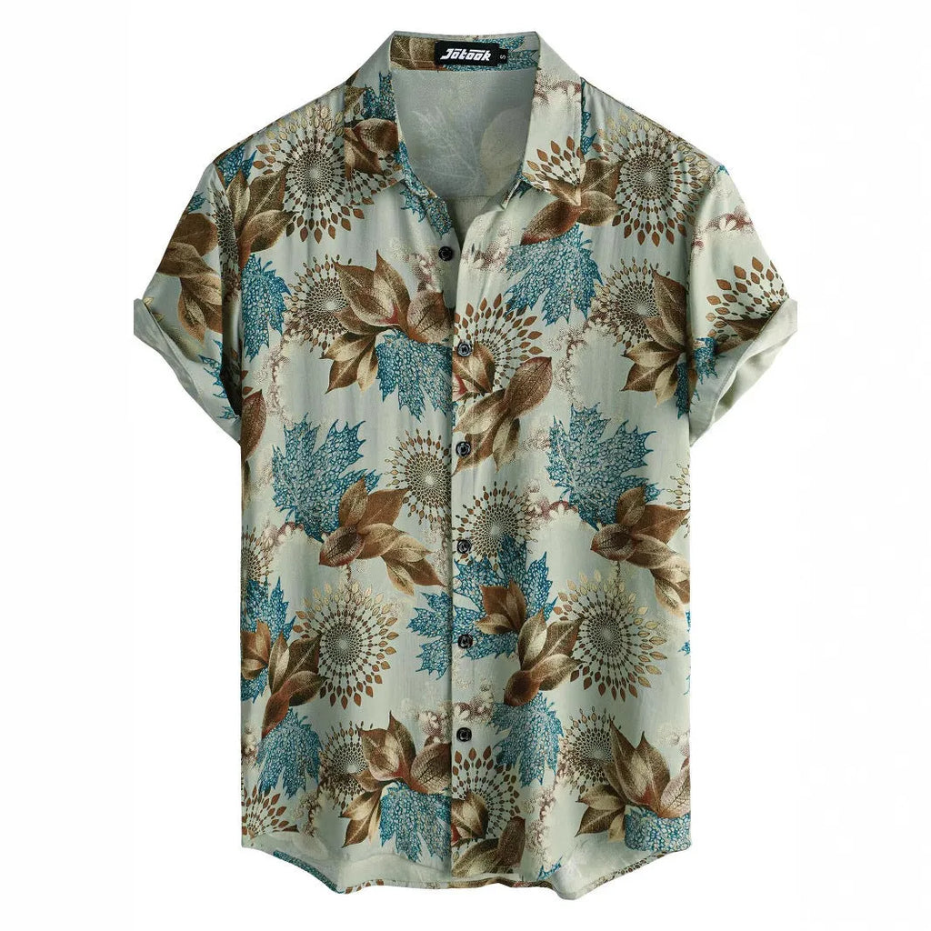Hawaiian floral print lapel short sleeve shirt in polyester elastic fabric showing digital printed patterns