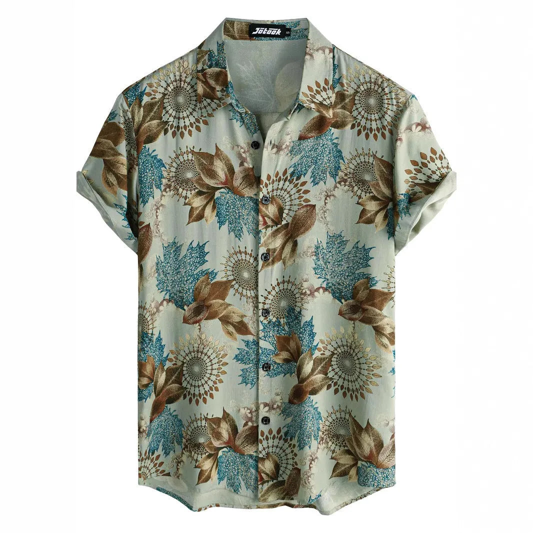 Hawaiian floral print lapel short sleeve shirt in polyester elastic fabric showing digital printed patterns