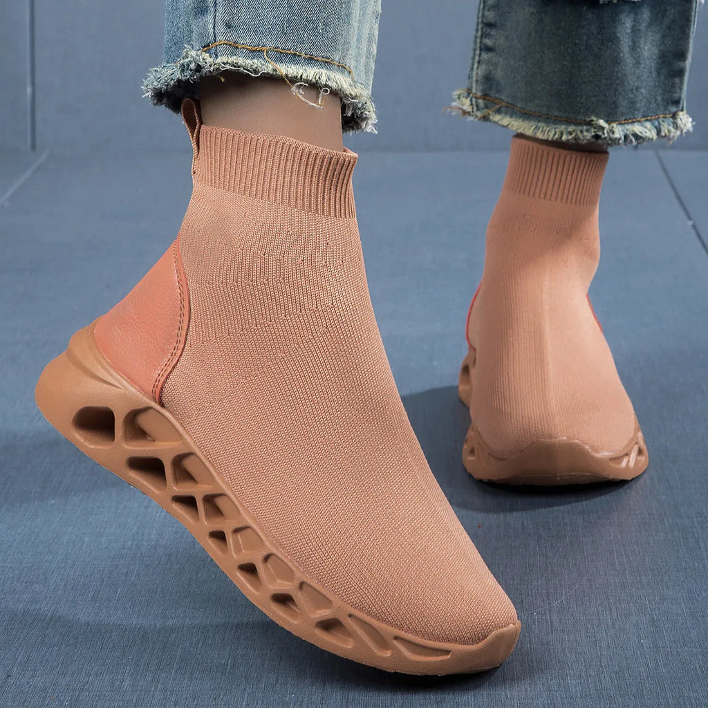Women's high-top casual stretch socks ankle sock boots in solid colour mesh upper low-top flat heel