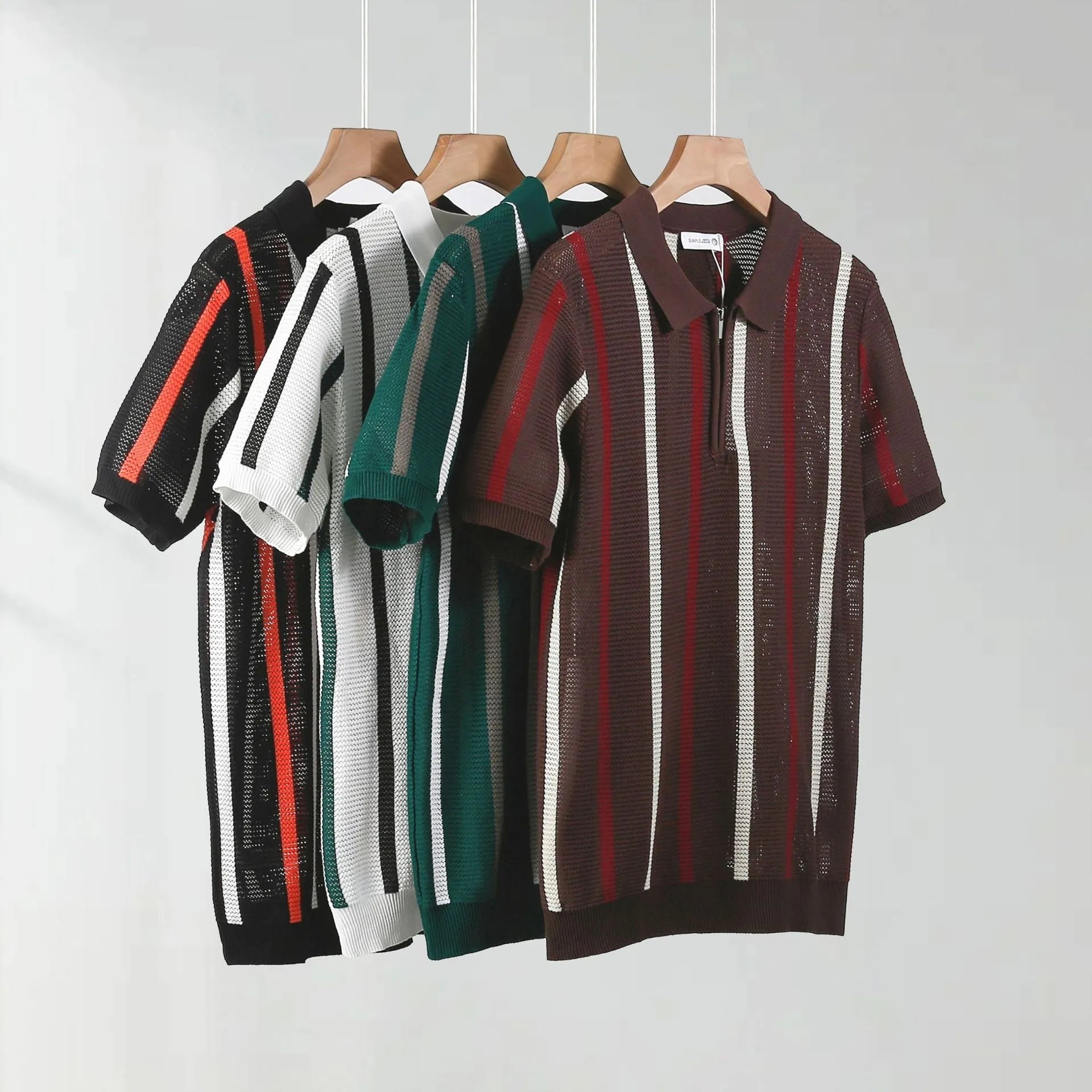 Hollow mesh short-sleeved polo shirt in Ice Silk fabric with zipper decorations, loose fit