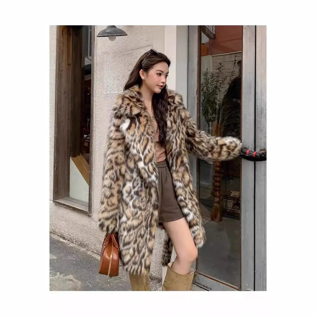 Faux fur coat with fox pattern styling and fur collar in long coat style