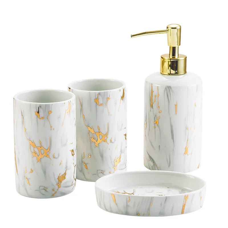 White ceramic marble effect bathroom wash kit with two cups, latex bottle, and soap box in colour box