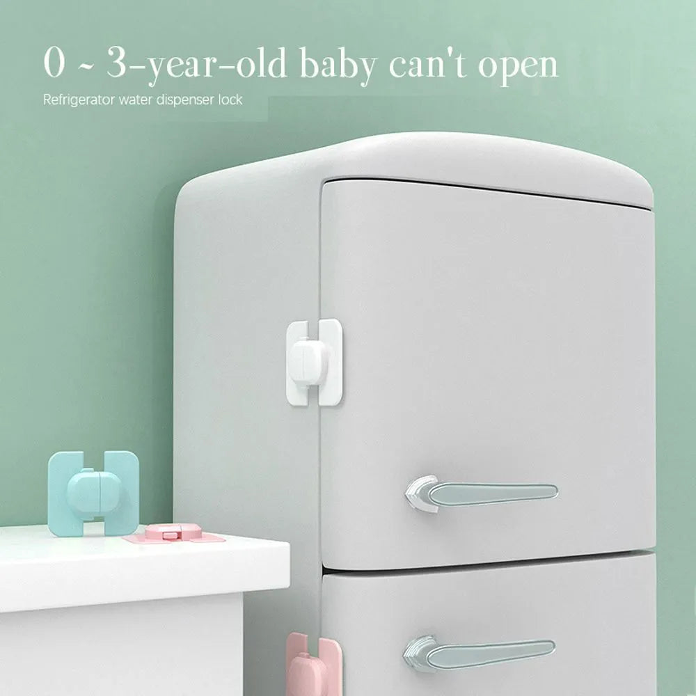 Gray child safety lock with adjustable strap attached to a cabinet handle, 53 x 112 x 16mm