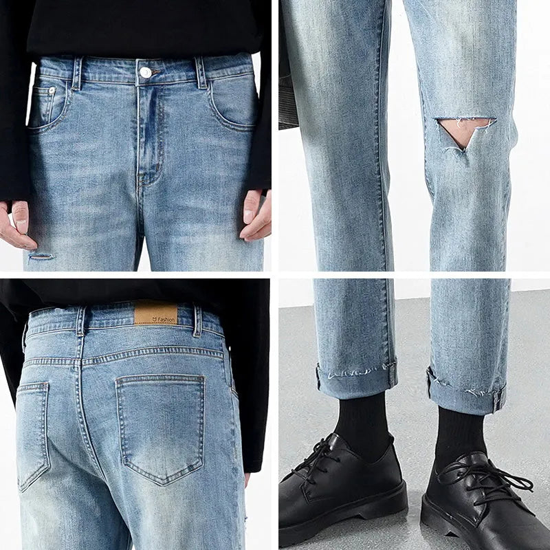 Men's light summer ripped jeans in blue with microelastic stretch denim, front view