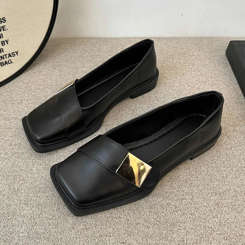 Women's square toe flat-heeled shoes with metal buckle, low heel 1-3cm, artificial leather upper, beige colour