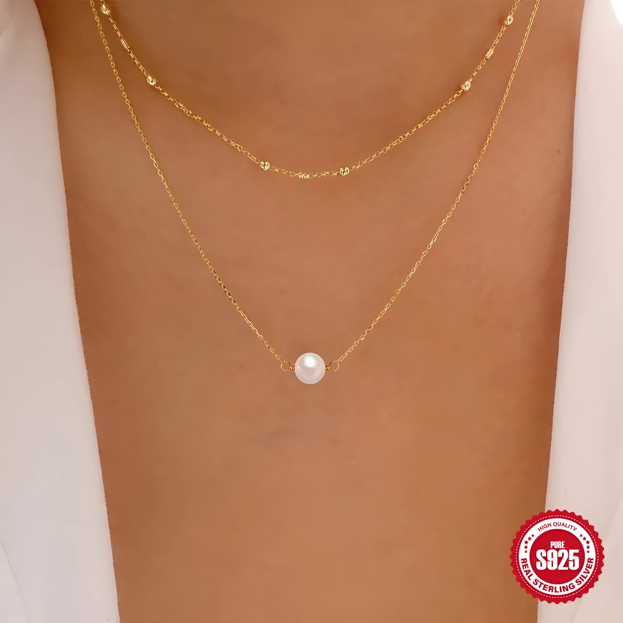 S925 sterling silver double layer necklace with twin pearl pendant in geometric design