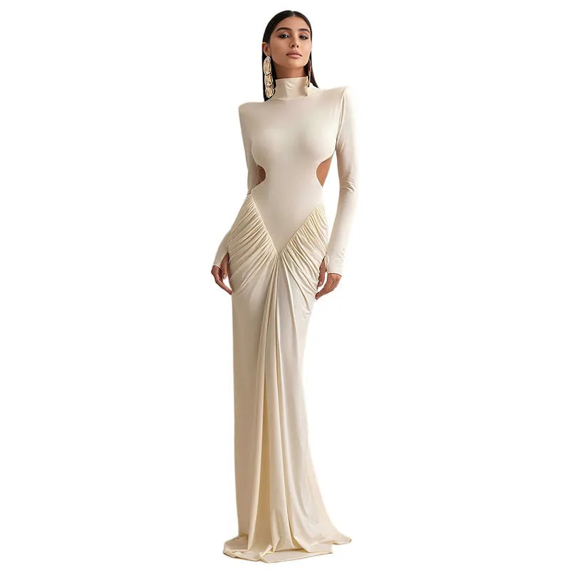 Women's high collar long sleeve backless pleated dress in polyester available in four colours with Asian sizing
