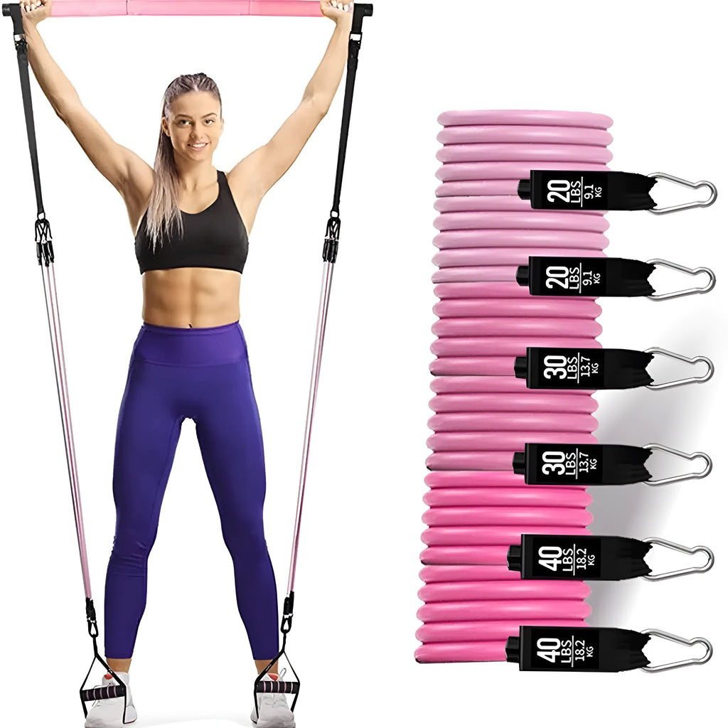 Yoga gymnastic bar with 180 pounds reinforced resistance band set in pink or black TPE material
