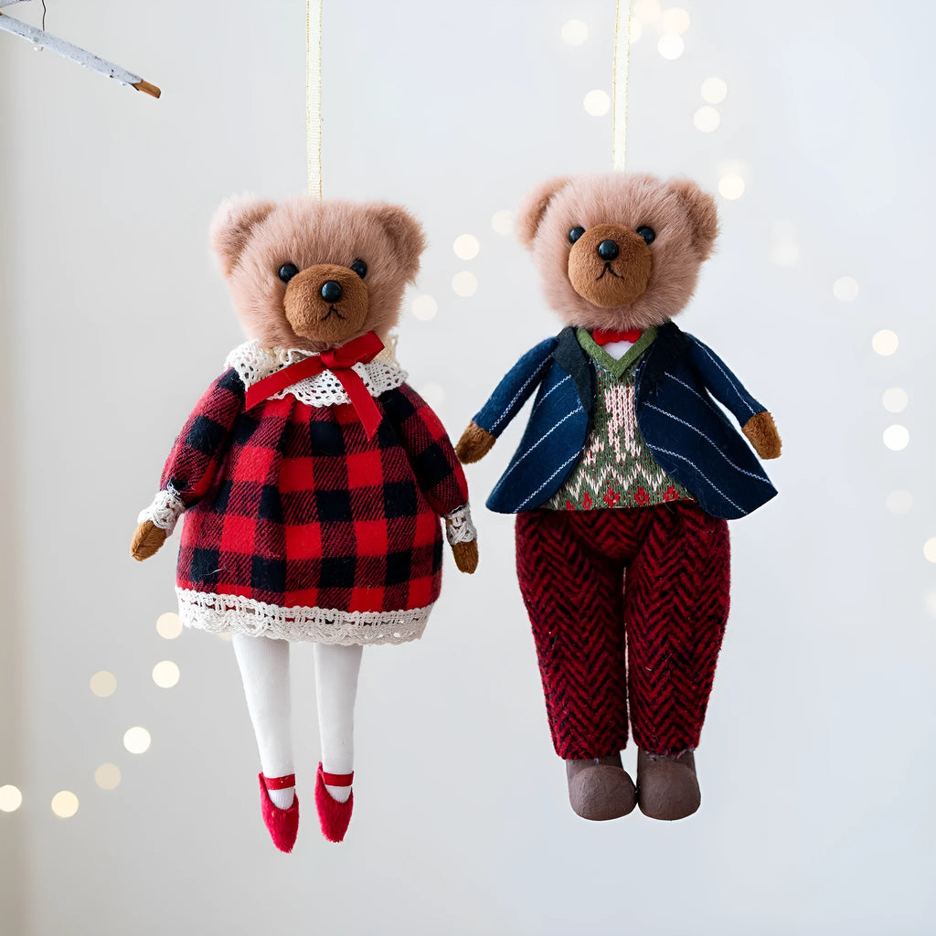 Gentleman bear and princess bear plush doll couple in cotton plaid fabric cartoon style