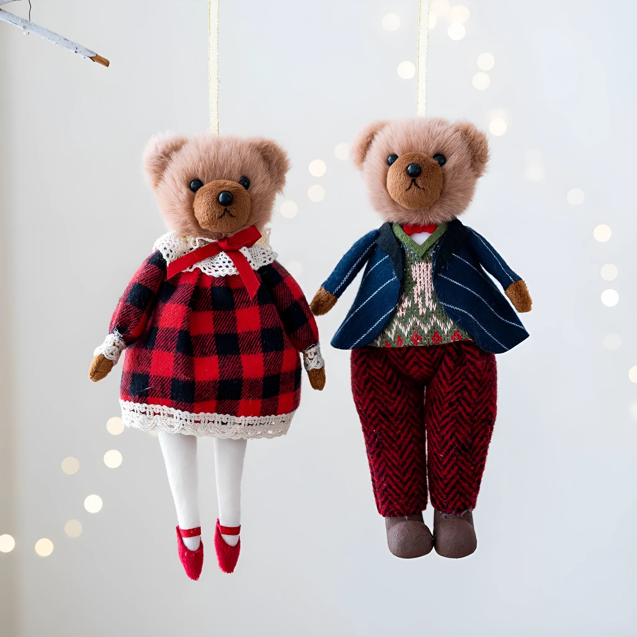 Gentleman bear and princess bear plush doll couple in cotton plaid fabric cartoon style