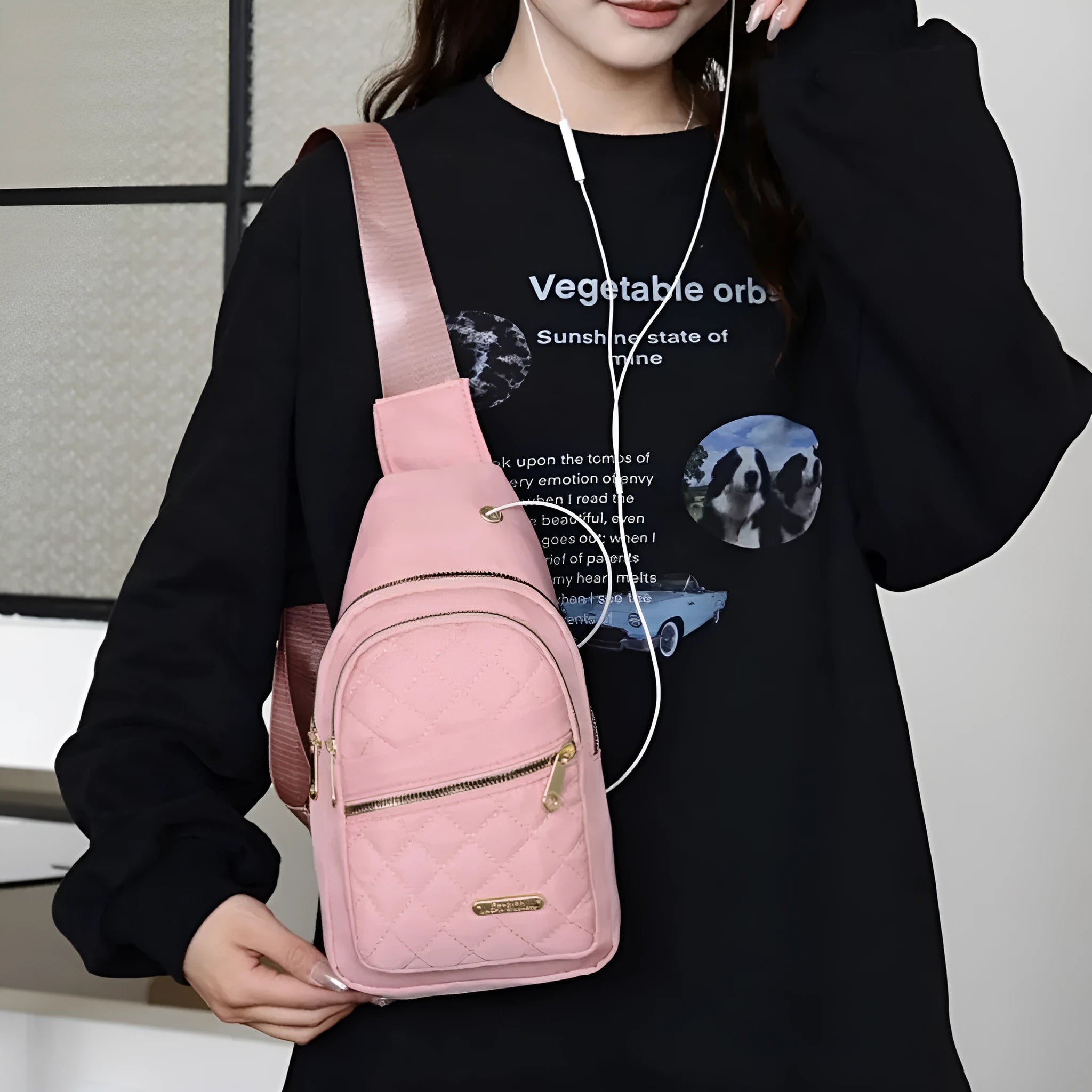 Crossbody sports chest bag in breathable Oxford cloth with solid colour and plaid pattern, black variant