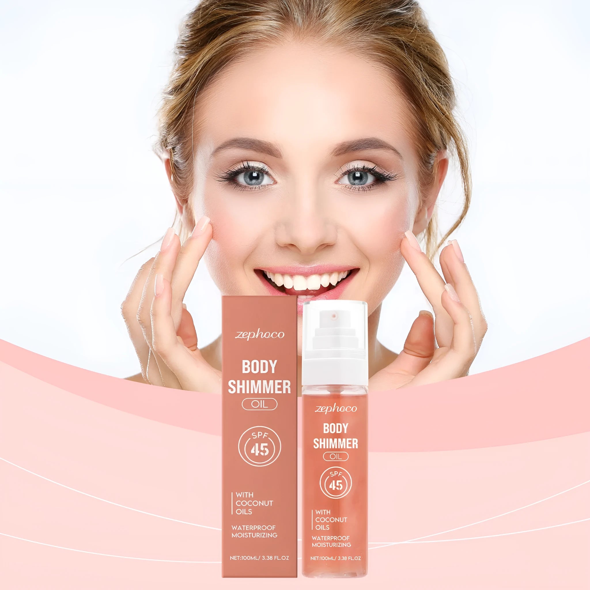 Sun Protection Body Oil 100ml bottle with ingredients including vitamin E, coconut oil, and avocado oil for UV defence and subtle shimmer