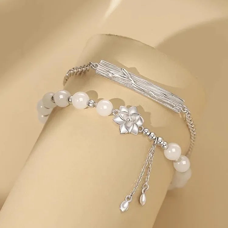 New Chinese style resin beaded couple bracelet with camellia and lotus flower motifs in S493 men's and women's sizes