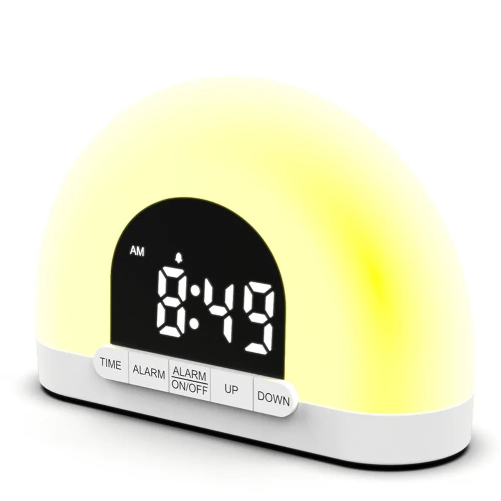 Wake-up light simulated sunrise alarm clock with white display and ABS shell, 150x50x105mm, on a bedside table