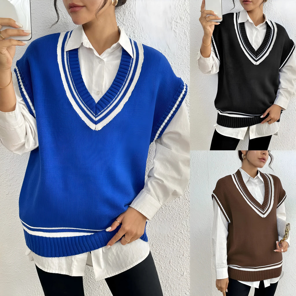 Women's loose college style pullover vest sweater in blue, black, or coffee.