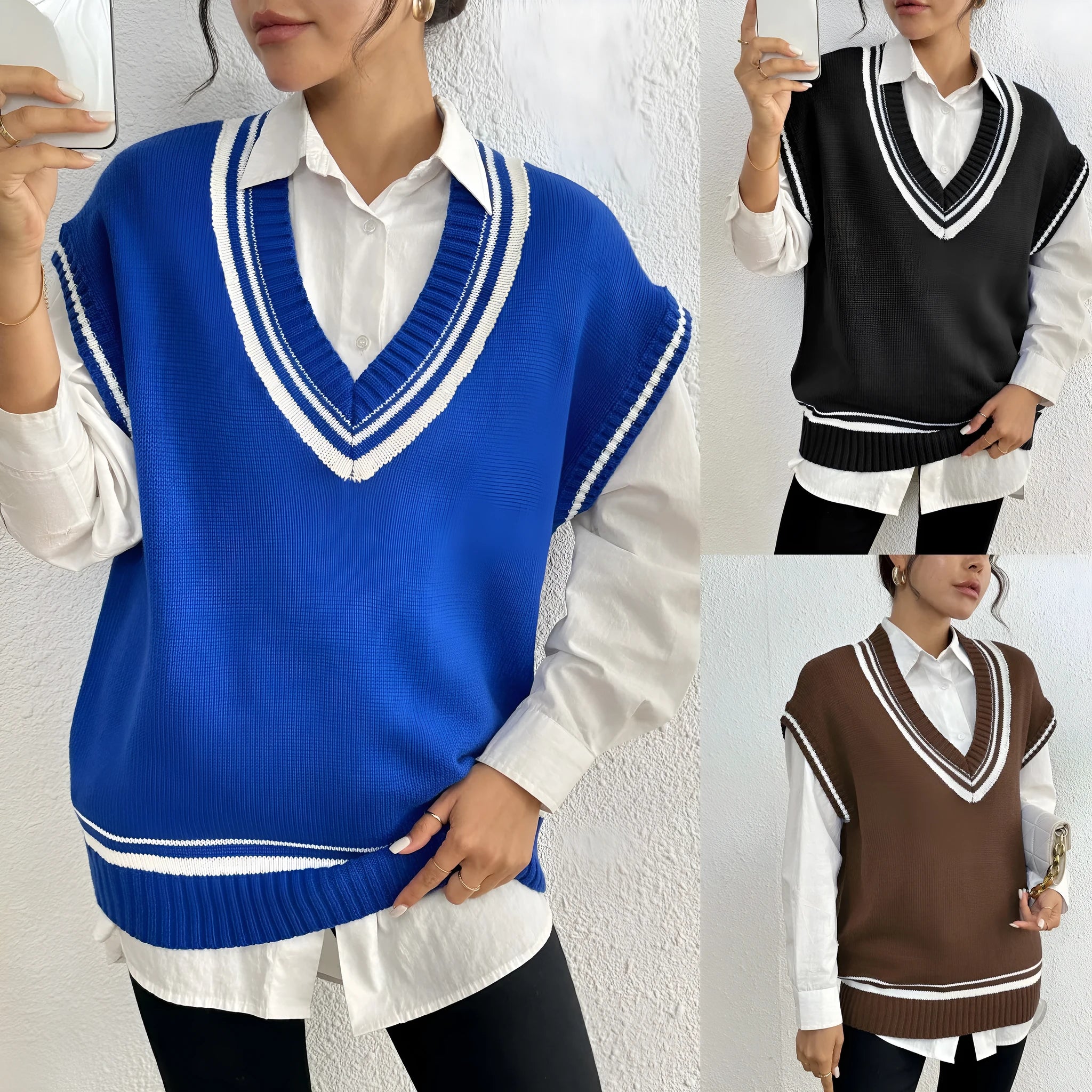 Women's loose college style pullover vest sweater in blue, black, or coffee.